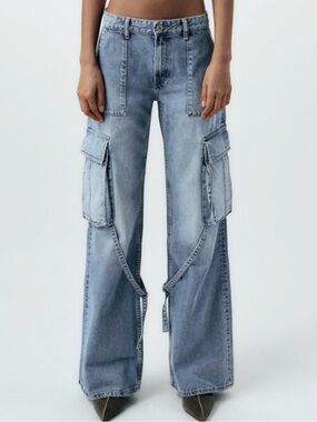 Zara TRF Cargo Jeans Size 10 Wide Leg Y2K Baggy Denim Blue